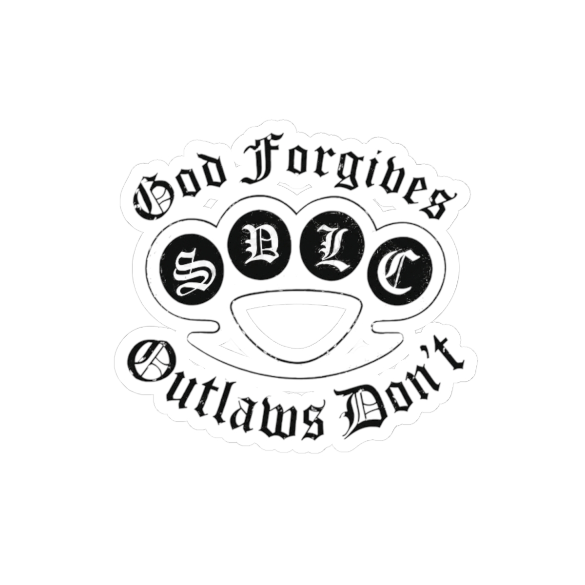 God Forgives Outlaws Don't Kiss-Cut Sticker | SDLC Brass Knuckles Decal | Outlaws MC - alternate angle 1, merchandise